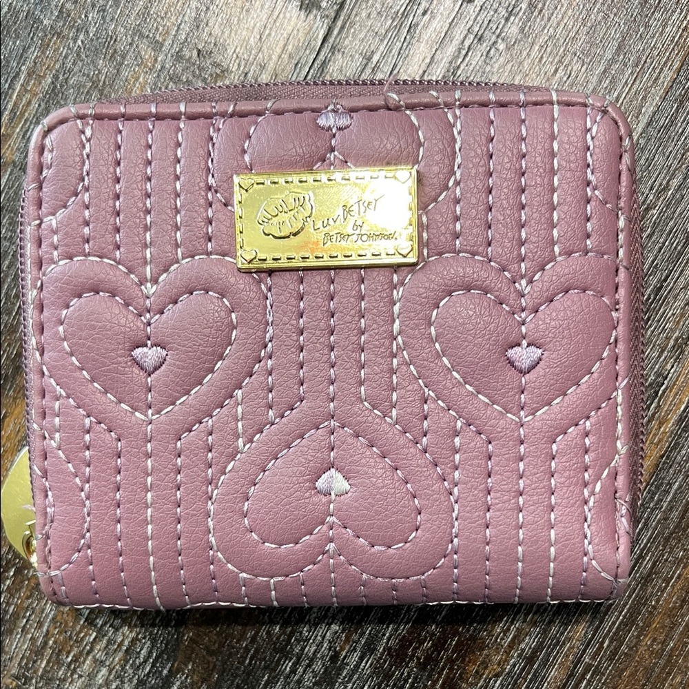 Betsey Johnson Mauve Pink Quilted Heart Zip Wallet with Gold Plate